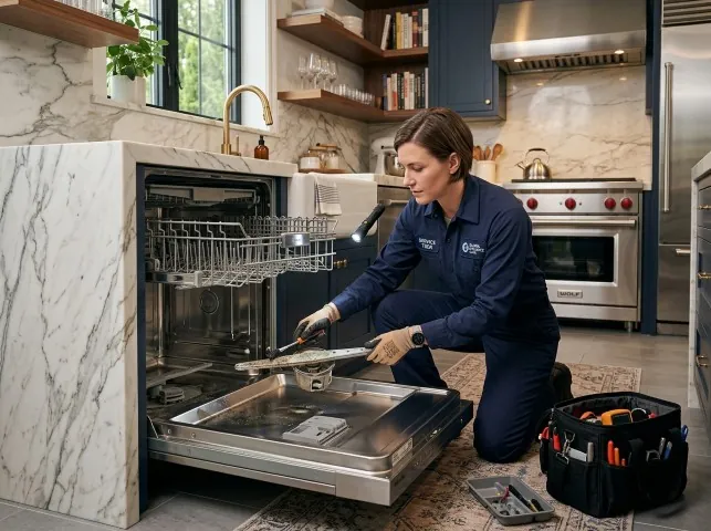 Appliance Repair Hero technician servicing a built-in dishwasher in a Burlington, WA kitchen