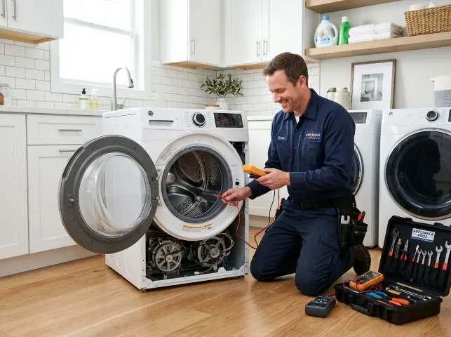 Appliance Repair Hero technician testing a front-load washer with a multimeter on a Burlington, WA service call